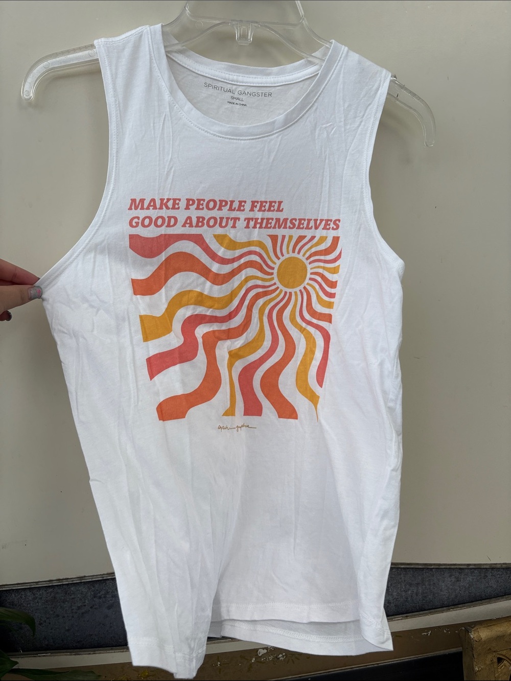 Spiritual Gangster White Tank with Coral & Golden Sun Graphic